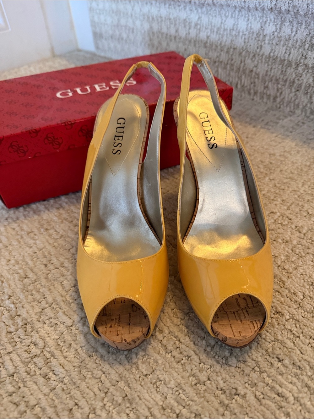GUESS Yellow Patent Peep-Toe Slingback Heels